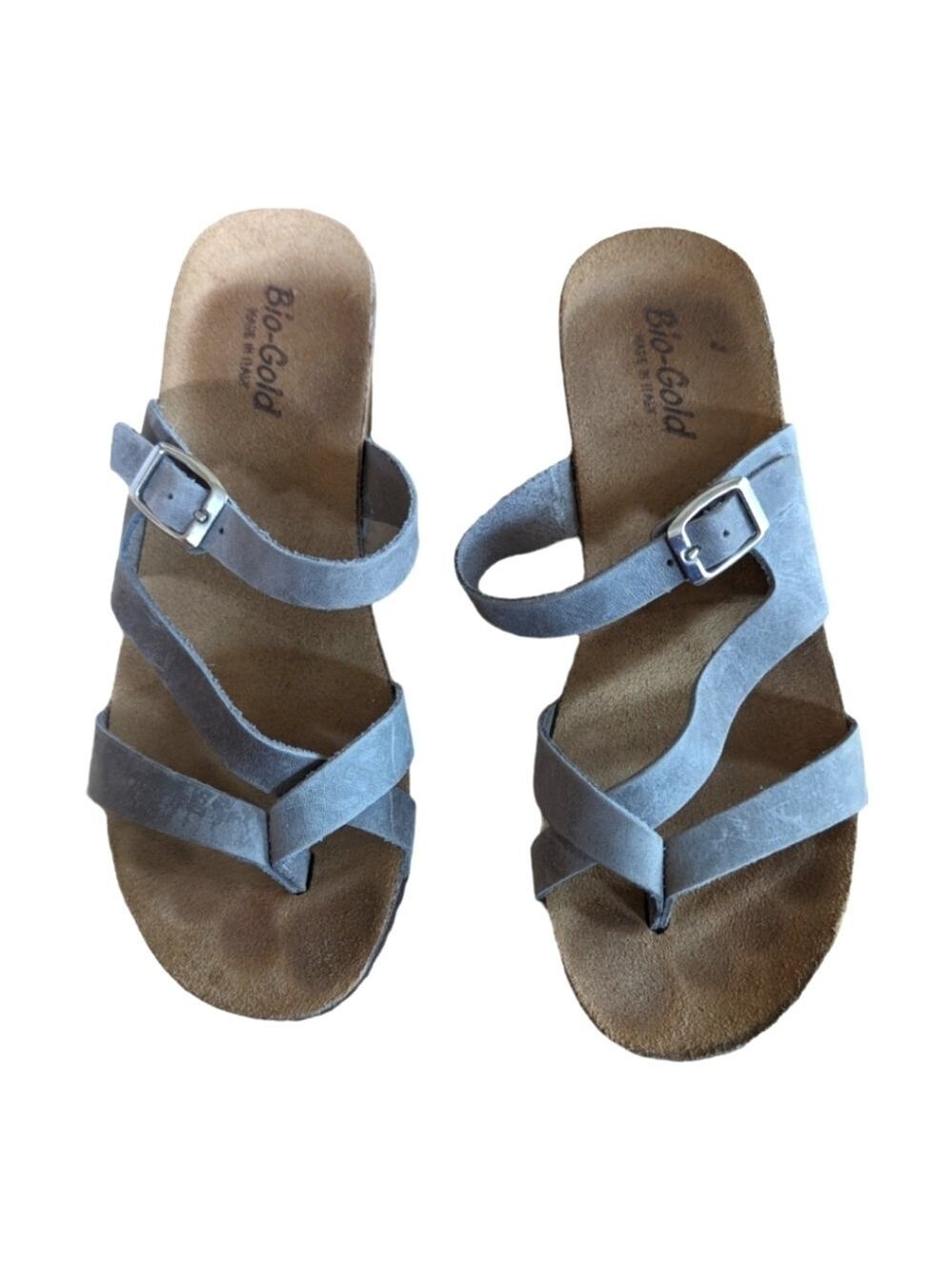 Bio-Gold Gray Leather Wedge Cork Sandal Made in Italy Size 8.5